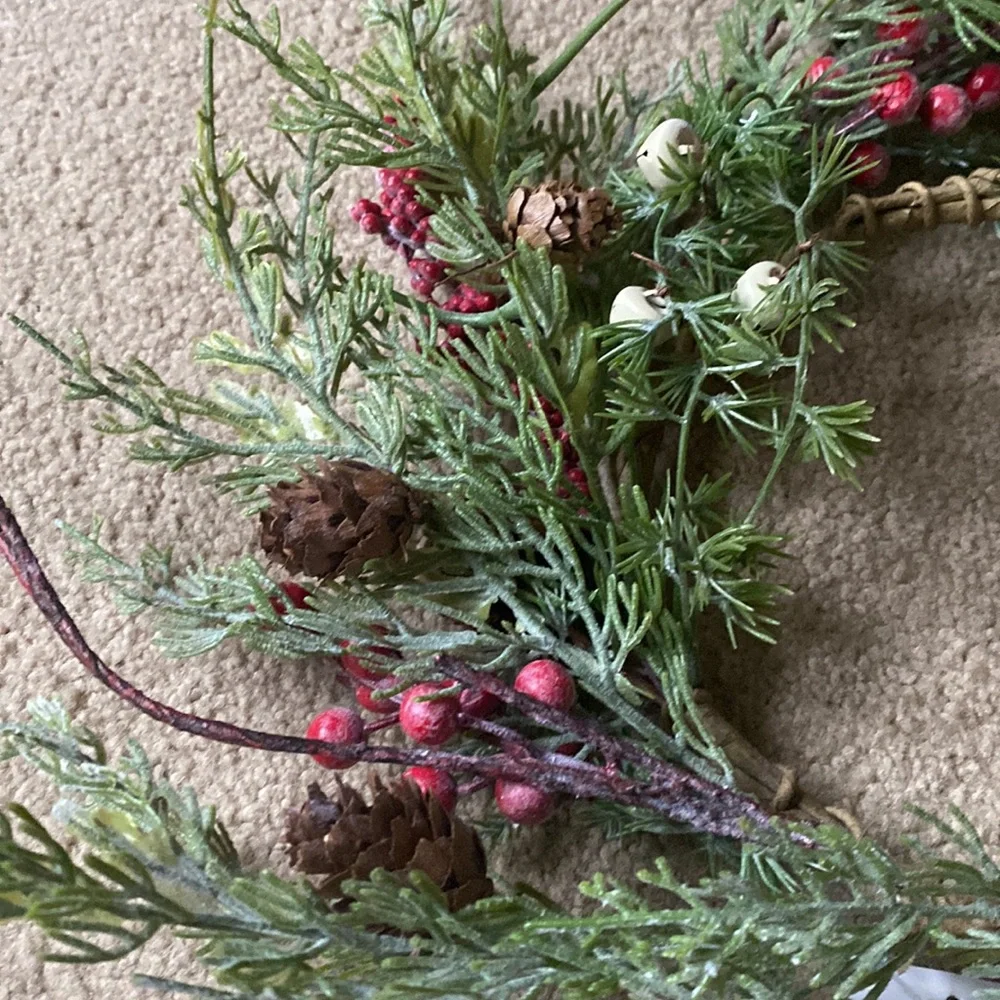Wreath with Red Berries, Pinecones, White Mini Bells
